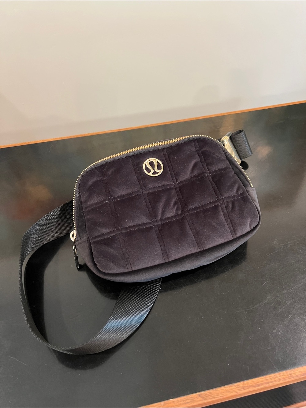 lululemon athletica Black Quilted Velvet Belt Bag with Gold Logo